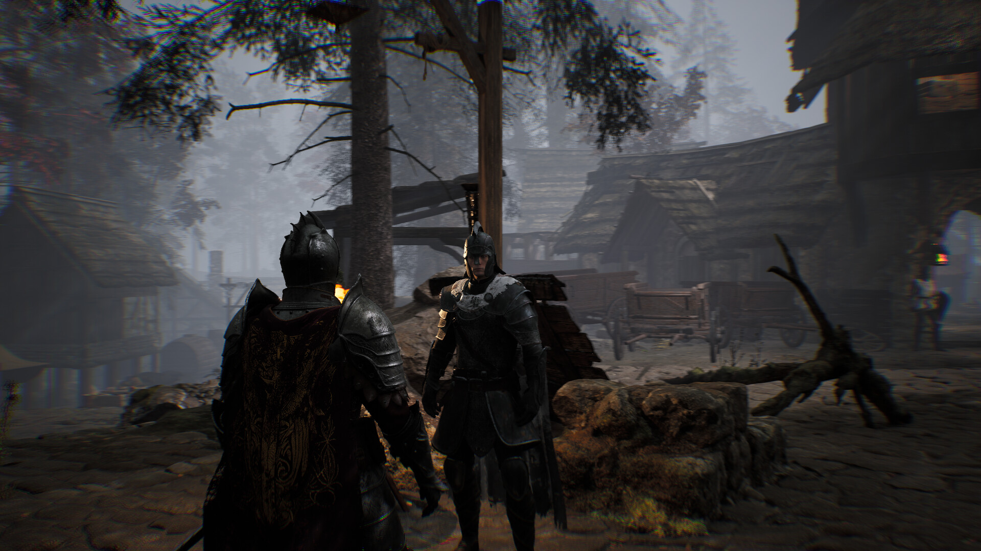 Two armored characters stand together in a fog-covered settlement.