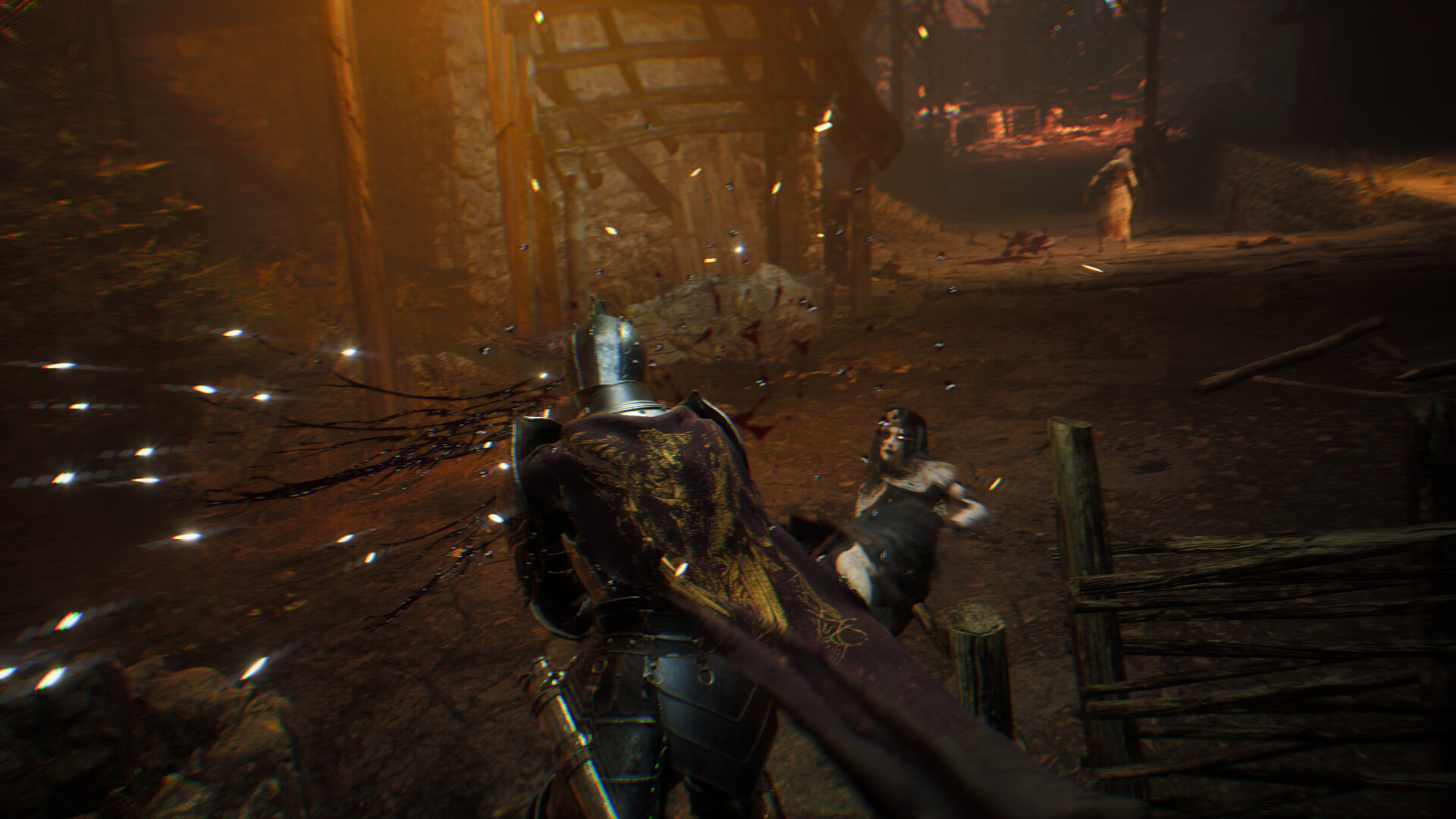 An armored combatant faces enemies in an orange-lit stone passage.